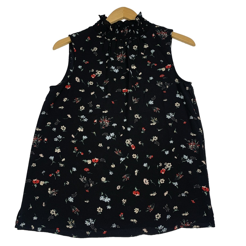 Vince Camuto Women's Black Floral-Print Ruffle Neck Sleeveless Top Size XS